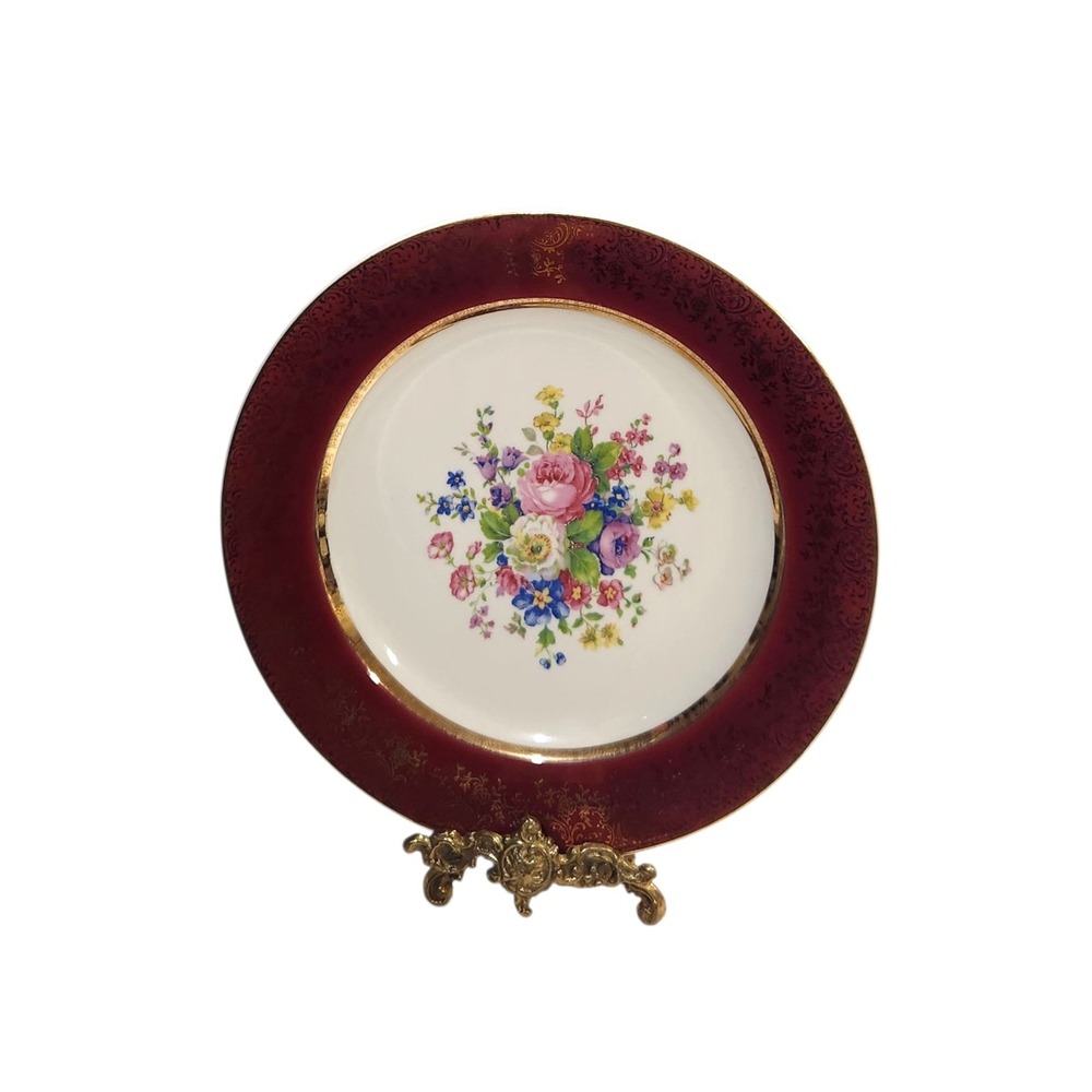 Vtg Century Salem Dinner Plate Wine Red Floral‎ USA 23K Gold Replacement READ
